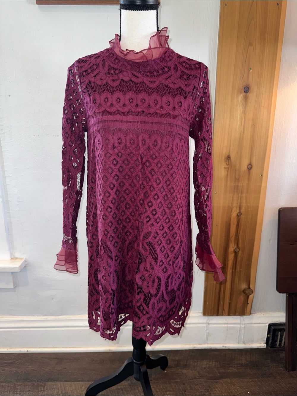 Lulu's Plum Lace Long Sleeve Dress with Ruffle Neck